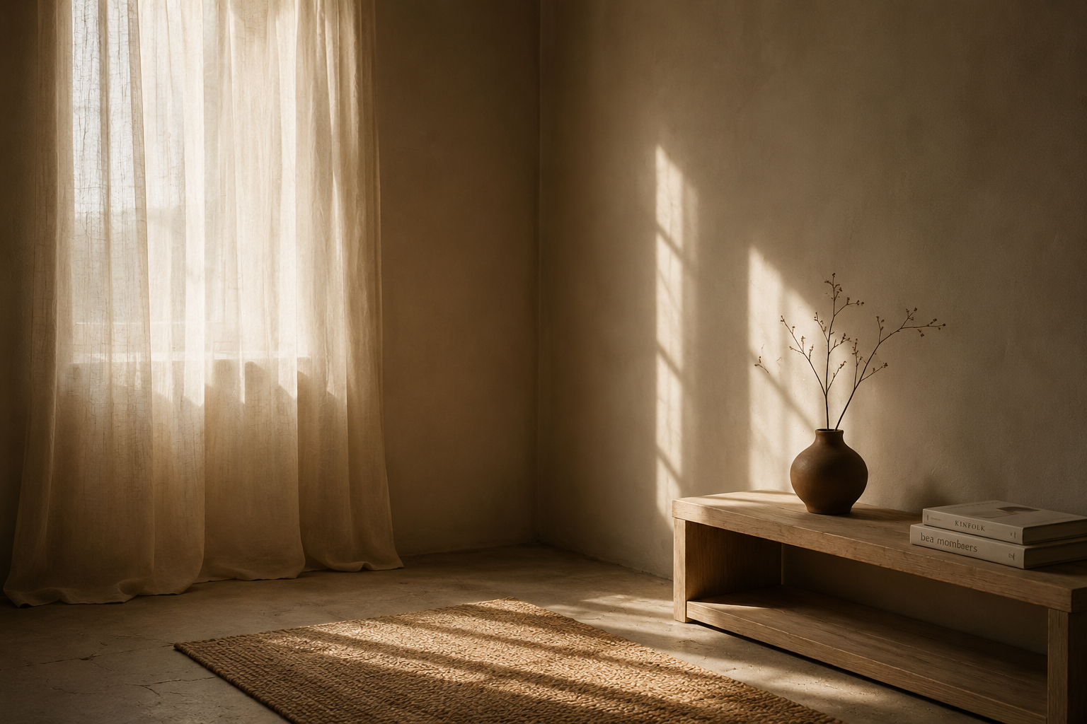 Interior sereno con luz natural, cortina, mesa baja y jarrón en tonos tierra.